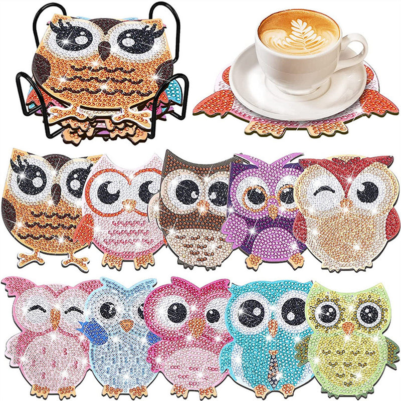 Festive Dressed Owl Diamond Painting Coasters 10Pcs