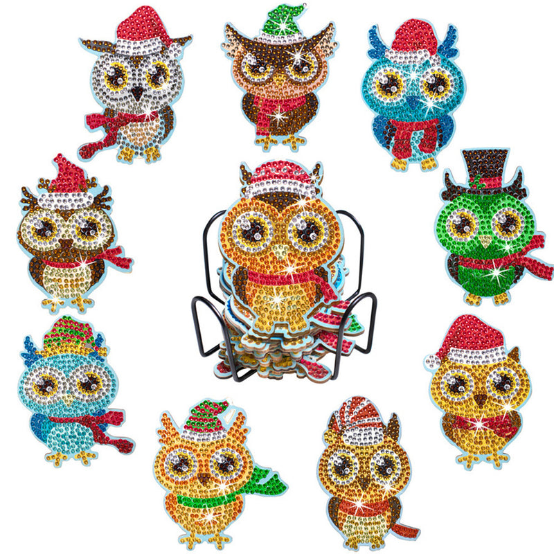 Festive Dressed Owl Diamond Painting Coasters 10Pcs