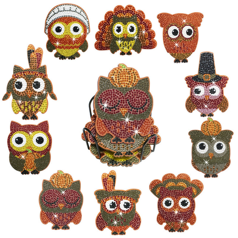 Festive Dressed Owl Diamond Painting Coasters 10Pcs