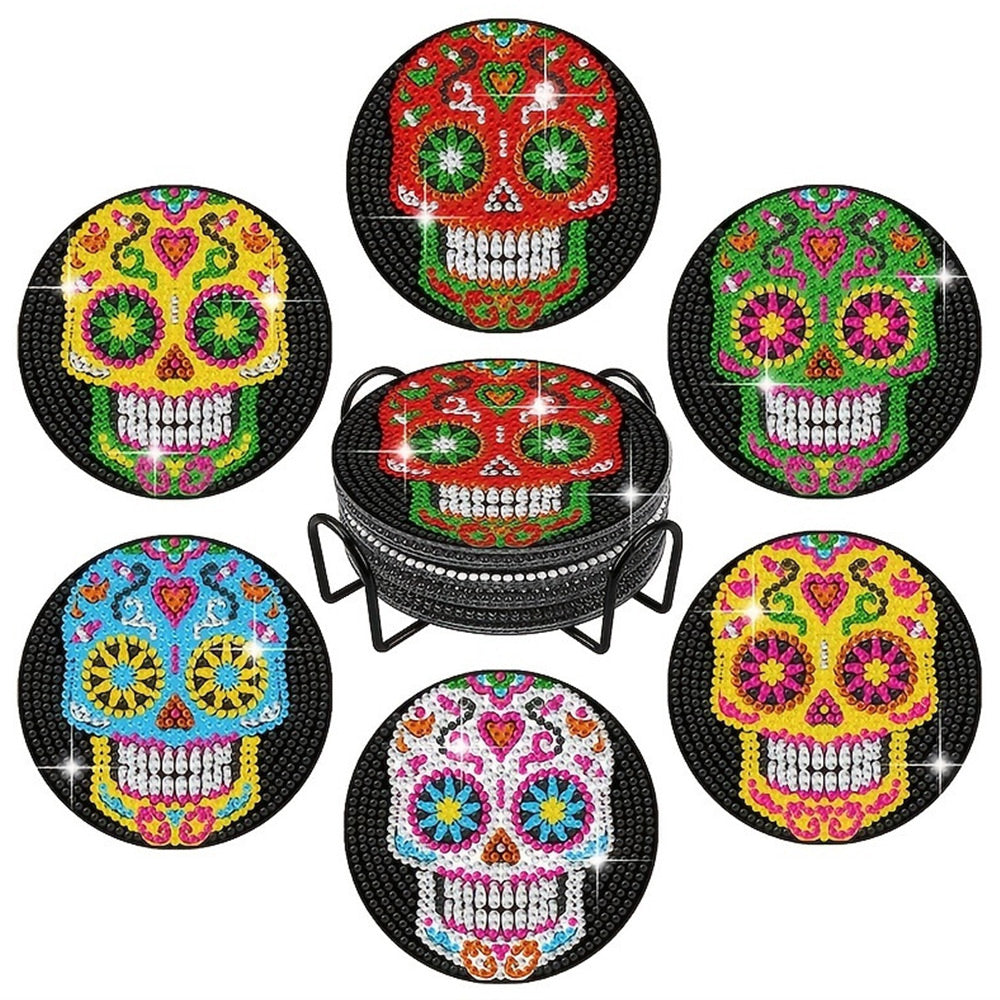 Colorful Skull Diamond Painting Coasters 6Pcs