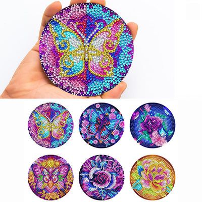 Butterfly and Flower Diamond Painting Coasters 6Pcs