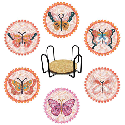 Pink Butterfly Diamond Painting Coasters 6Pcs