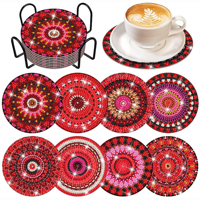 Red Mandala Diamond Painting Coasters 8Pcs