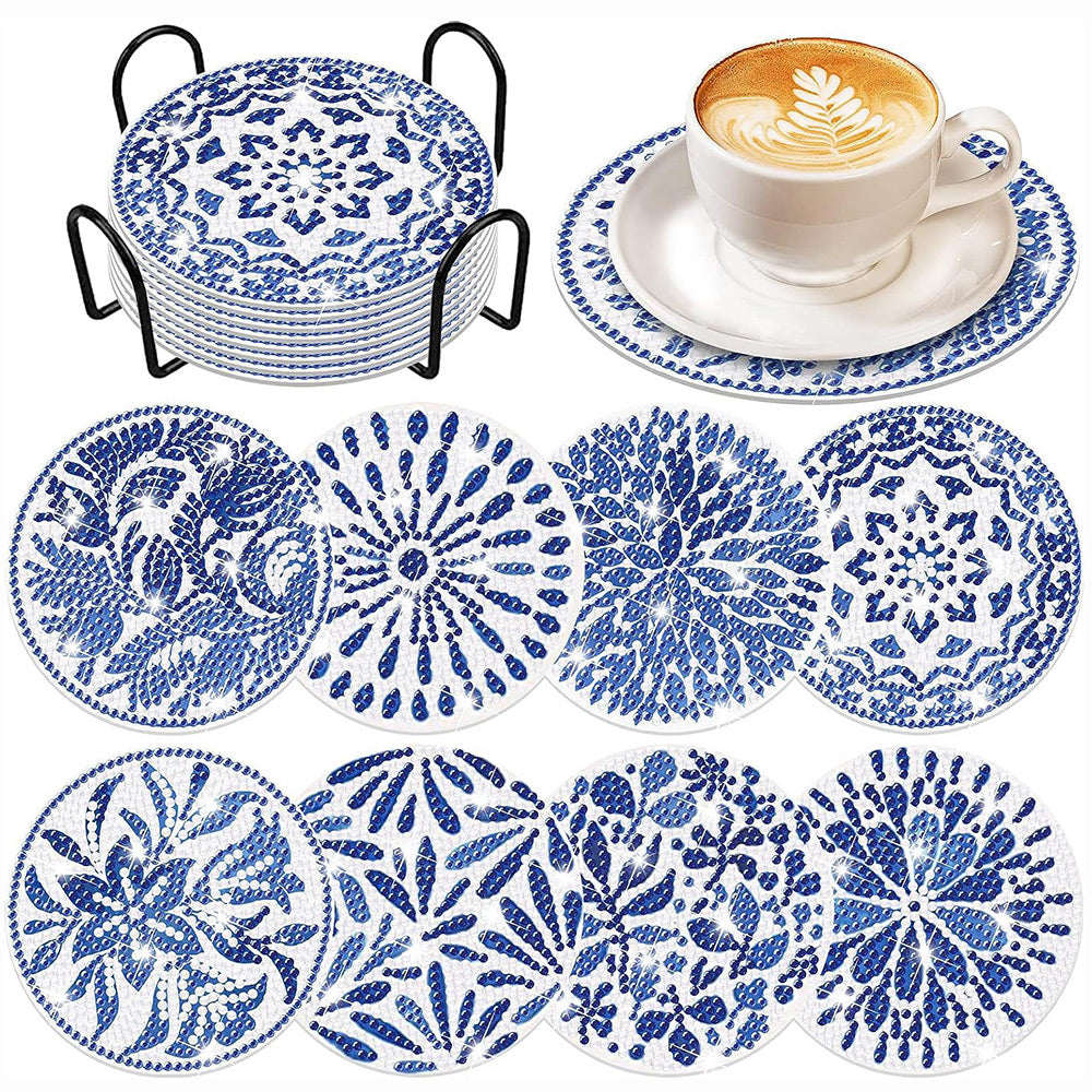 Blue Flower Diamond Painting Coasters 8Pcs