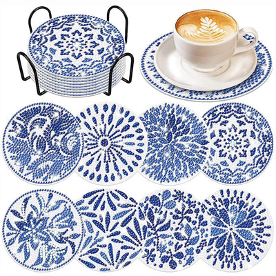 Blue Flower Diamond Painting Coasters 8Pcs