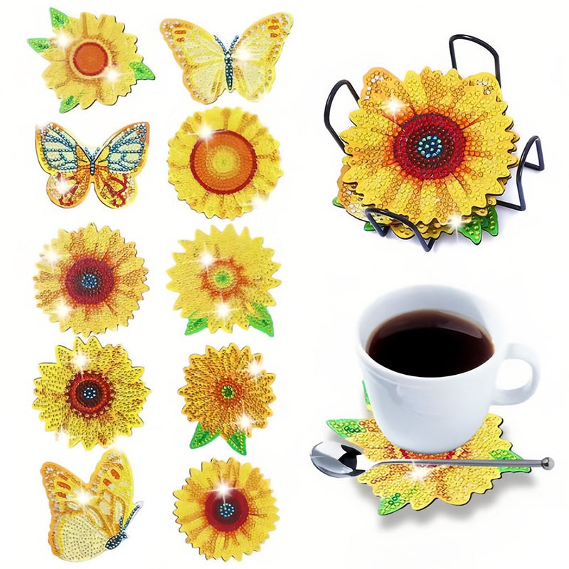 Butterfly and Sunflower Diamond Painting Coasters 10Pcs