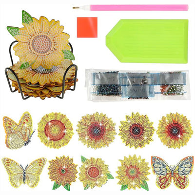 Butterfly and Sunflower Diamond Painting Coasters 10Pcs