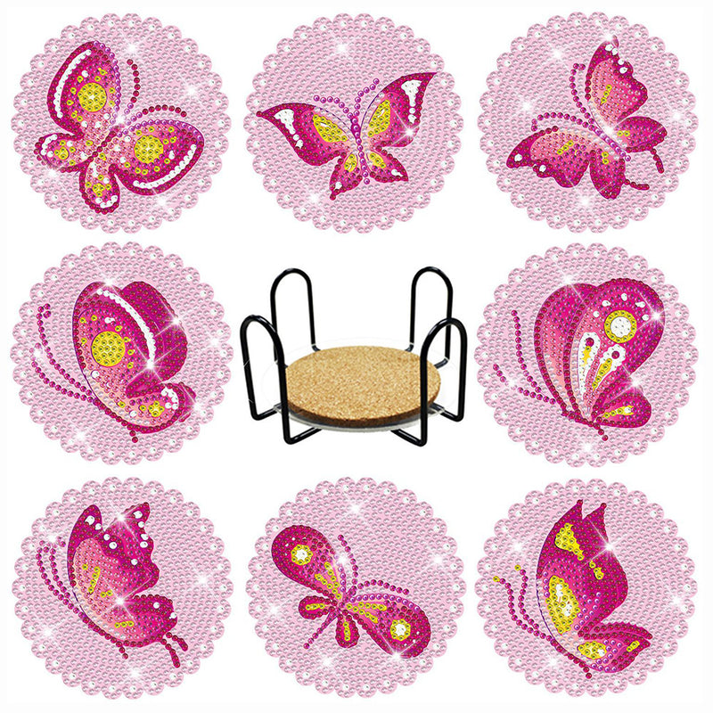 Pink Butterfly Diamond Painting Coasters 8Pcs