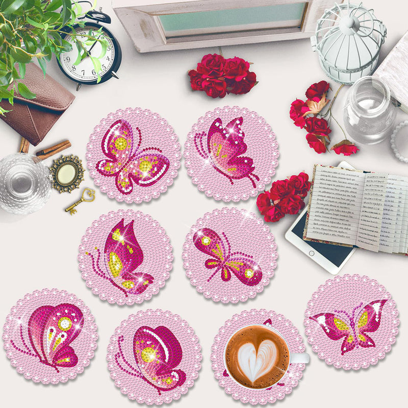 Pink Butterfly Diamond Painting Coasters 8Pcs