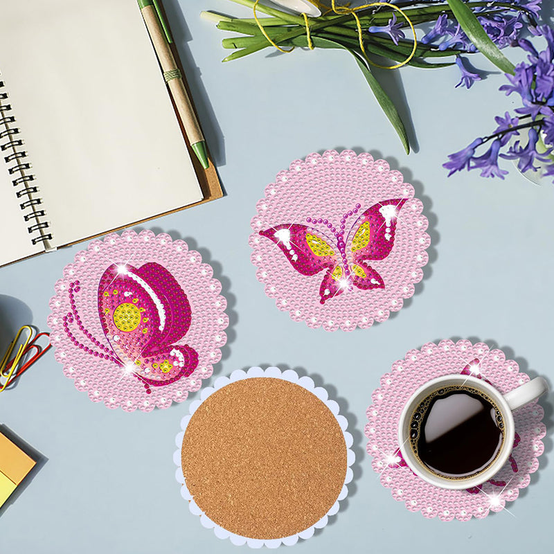 Pink Butterfly Diamond Painting Coasters 8Pcs