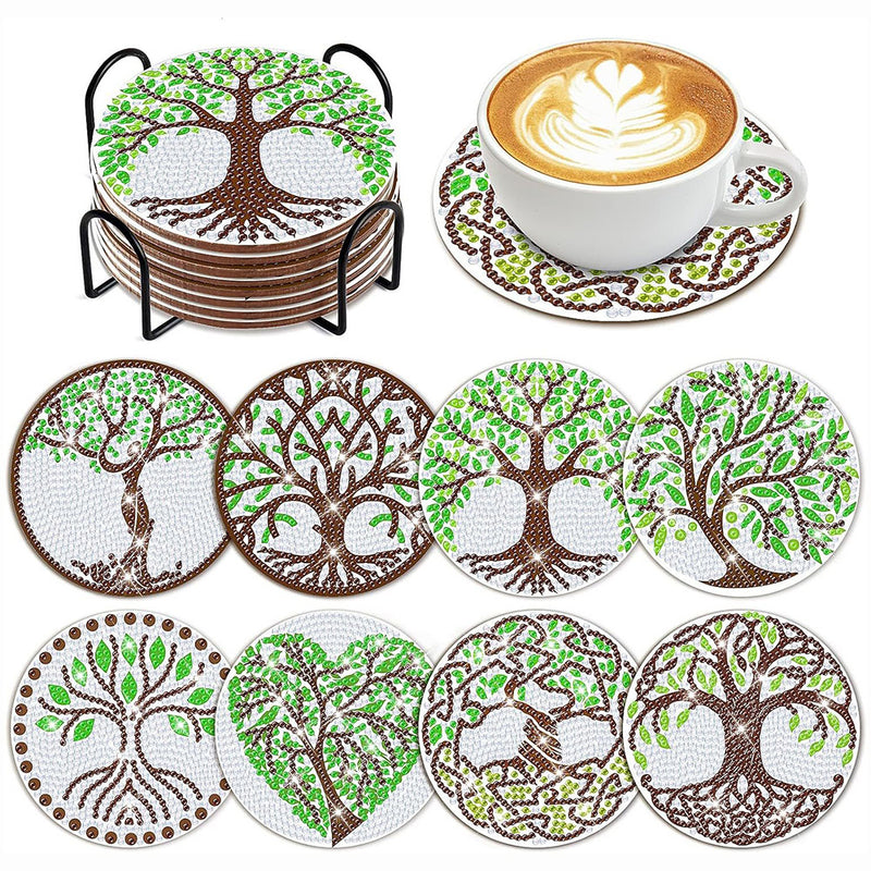 Green Tree of Life Diamond Painting Coasters 8Pcs