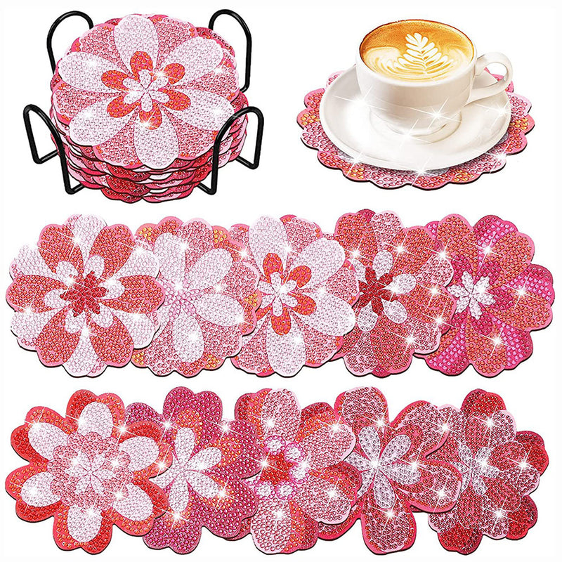 Pink Flowers Diamond Painting Coasters 10Pcs