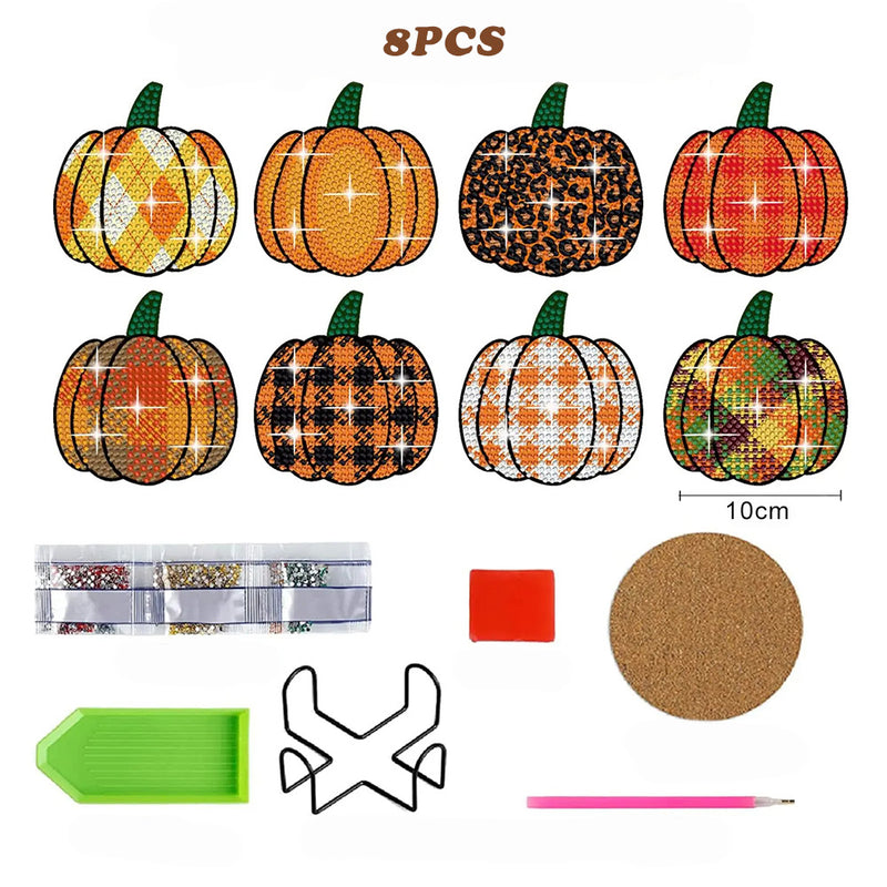 Halloween Pumpkin Diamond Painting Coasters 8Pcs