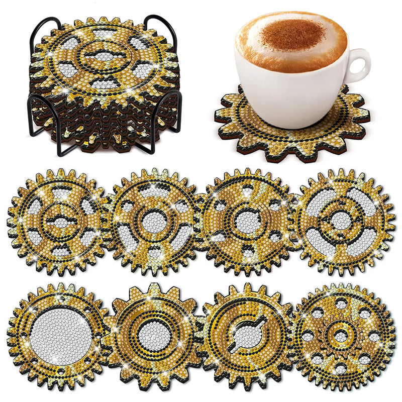 Black and Gold Gear Diamond Painting Coasters 8Pcs