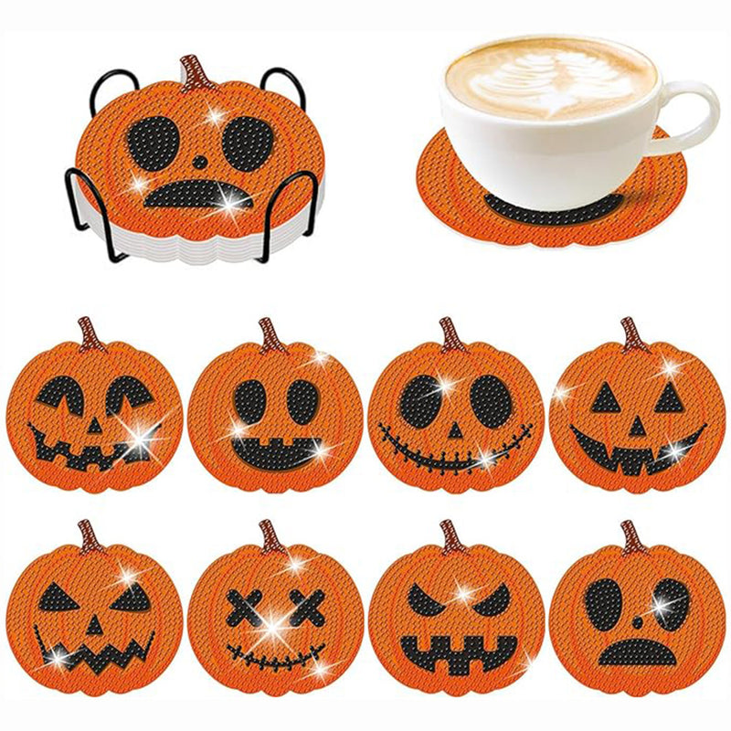 Orange Pumpkin Diamond Painting Coasters 8Pcs