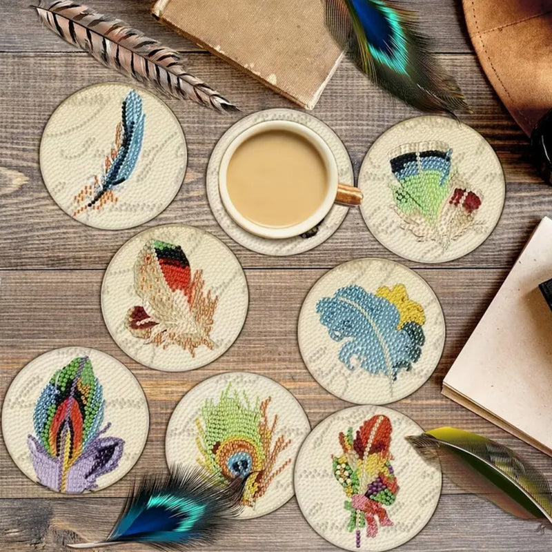 Feather Diamond Painting Coasters 8Pcs