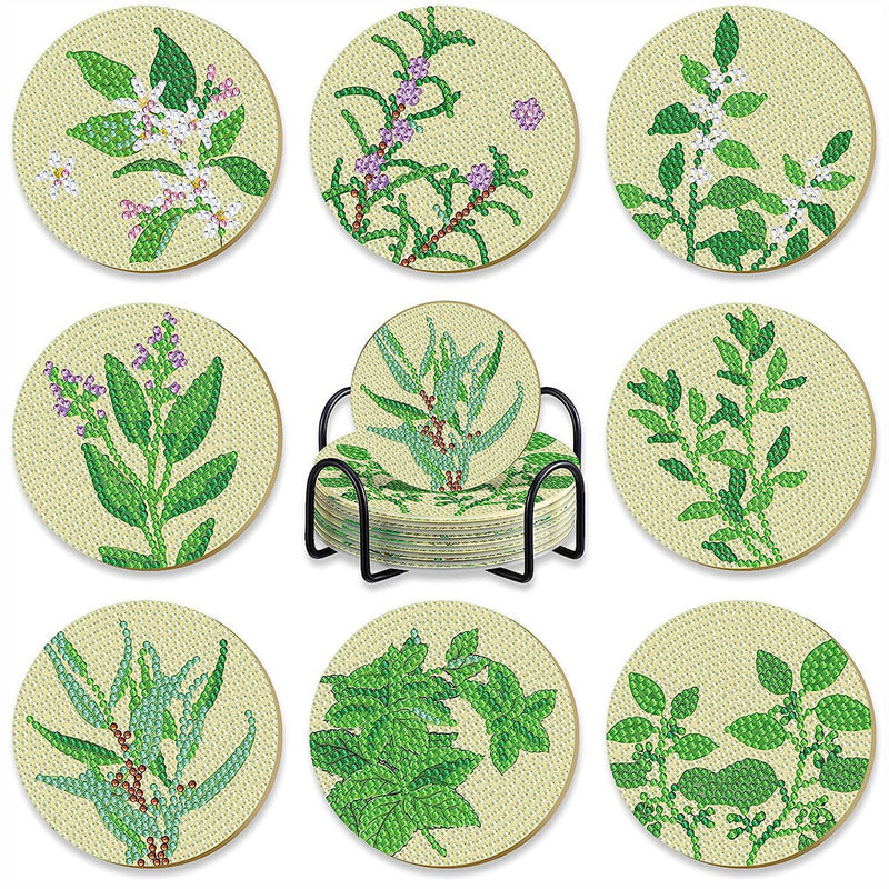 Green Plant Diamond Painting Coasters 8Pcs