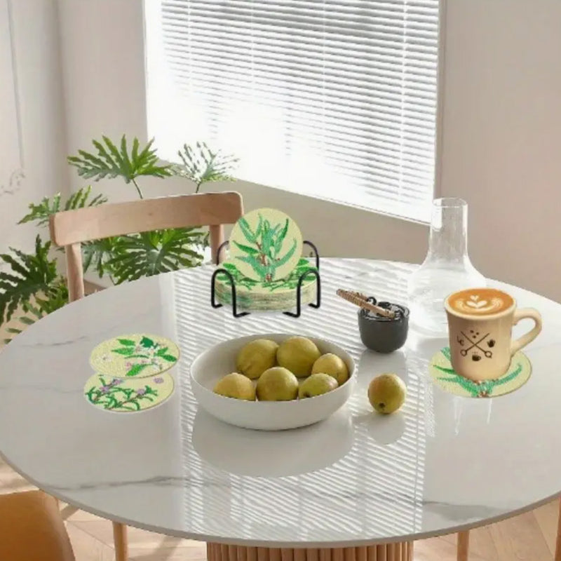 Green Plant Diamond Painting Coasters 8Pcs