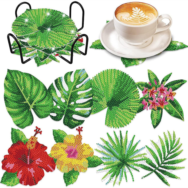 Green Leaves Diamond Painting Coasters 8Pcs