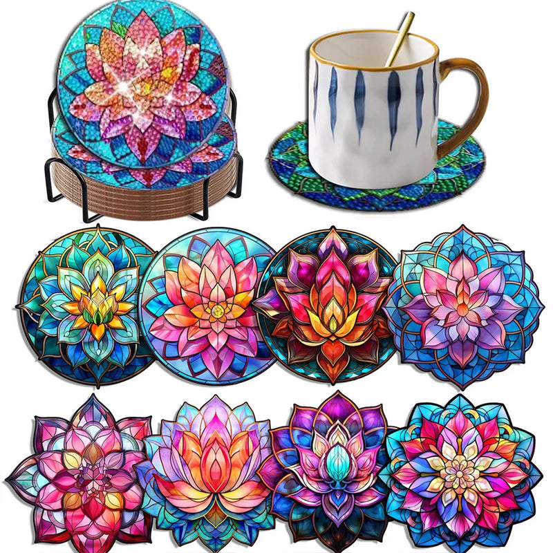 Colorful Lotus Diamond Painting Coasters 8Pcs