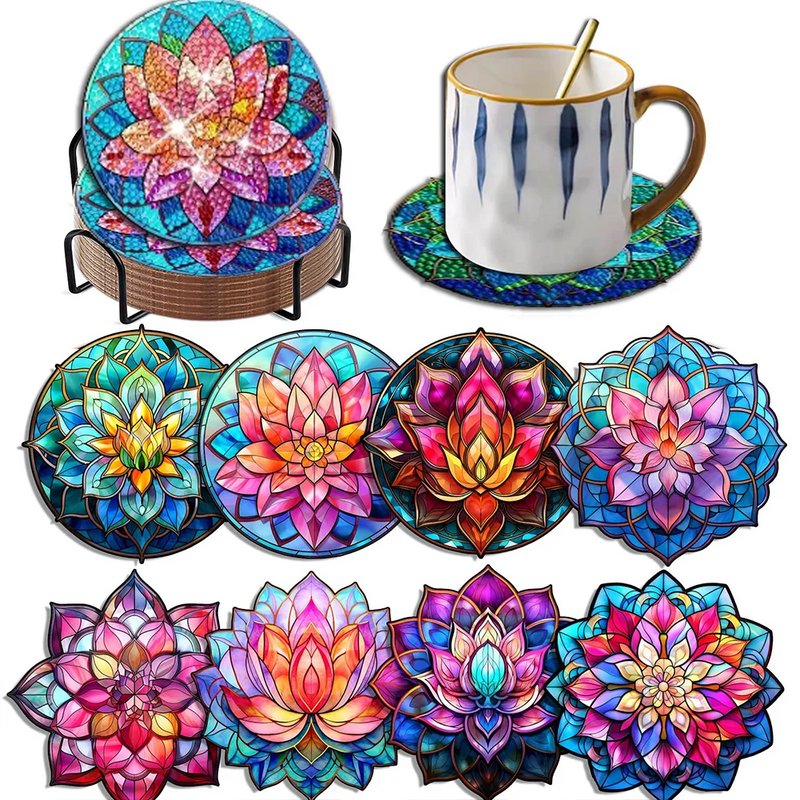 Colorful Lotus Diamond Painting Coasters 8Pcs