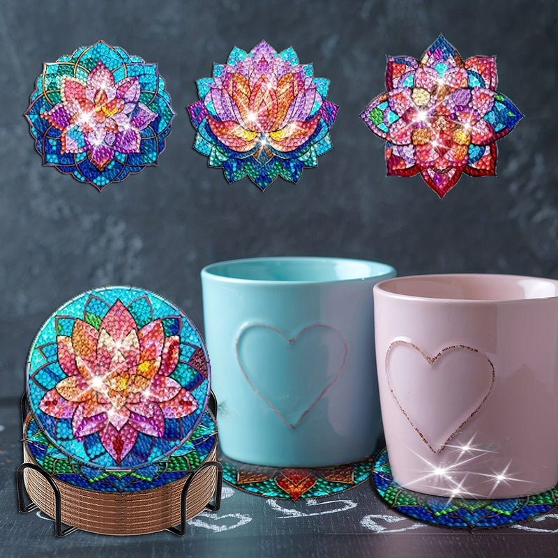 Colorful Lotus Diamond Painting Coasters 8Pcs