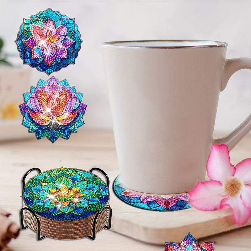 Colorful Lotus Diamond Painting Coasters 8Pcs