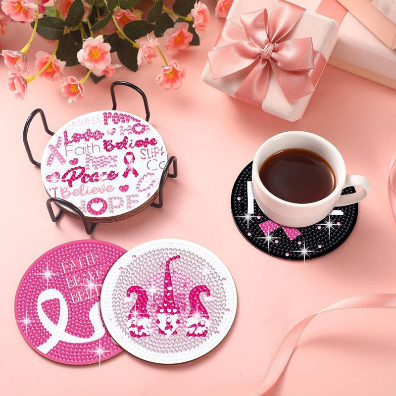 Pink Ribbon Diamond Painting Coasters 8Pcs