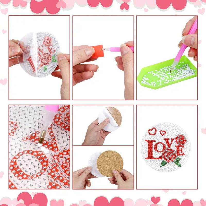 Heart Shape Love Diamond Painting Coasters 6Pcs