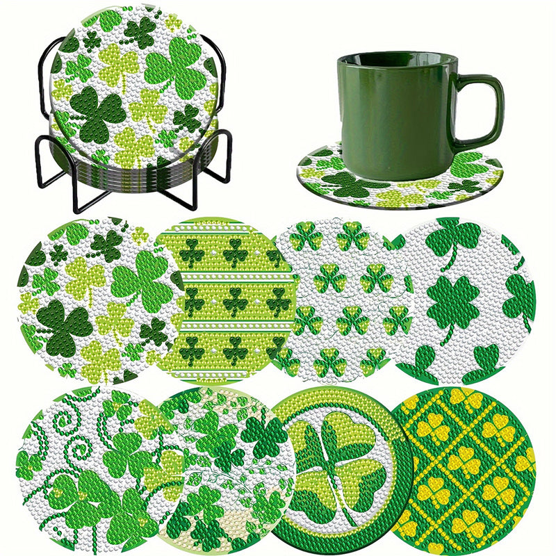 Green Clover Diamond Painting Coasters 8Pcs