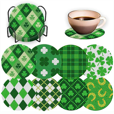 Green Clover Diamond Painting Coasters 8Pcs