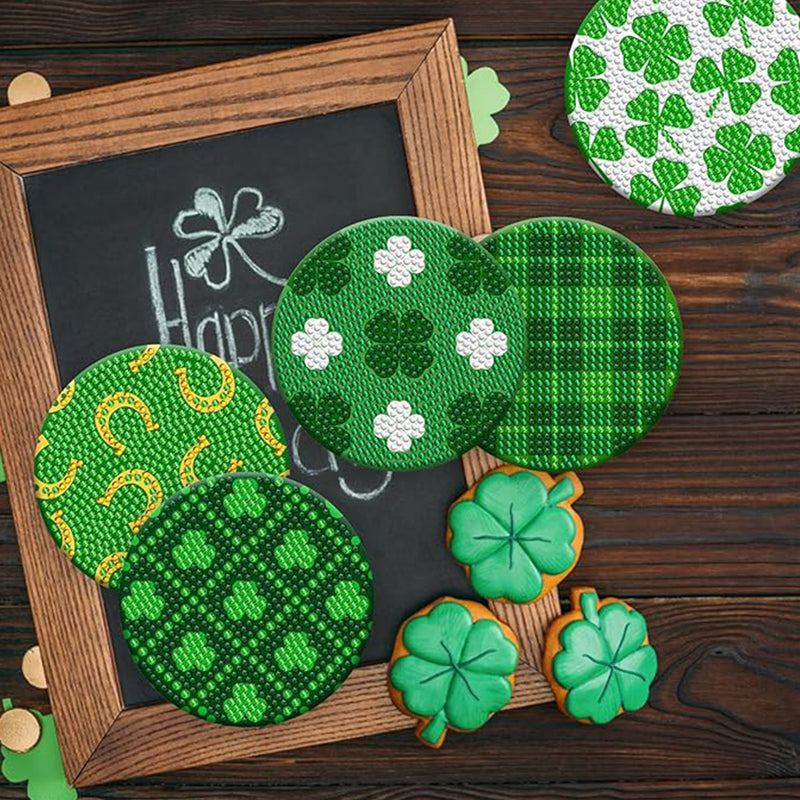 Green Clover Diamond Painting Coasters 8Pcs