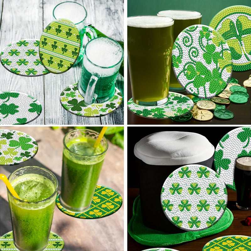 Green Clover Diamond Painting Coasters 8Pcs