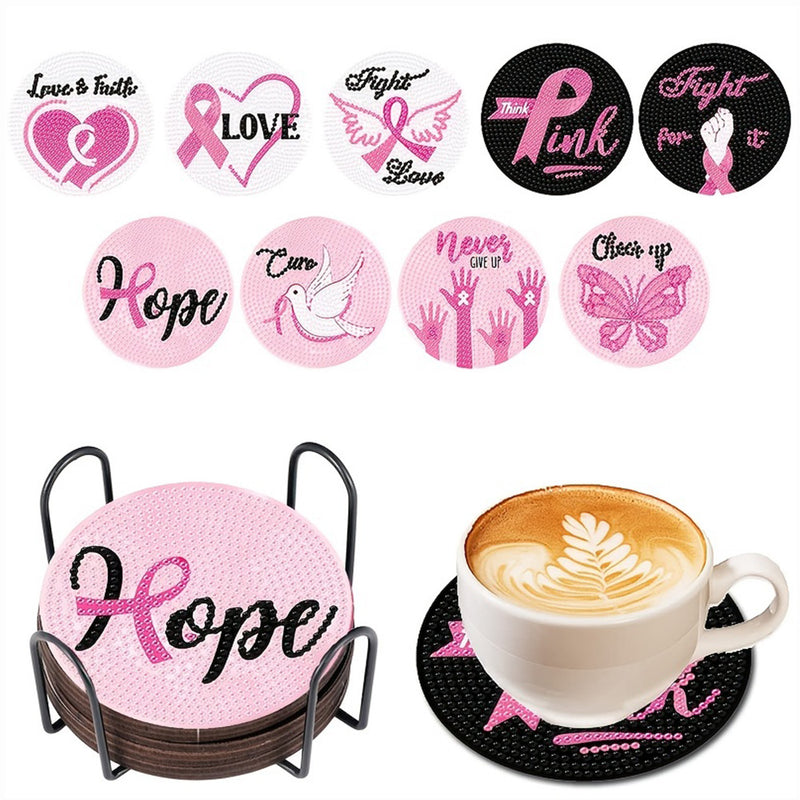 Pink Ribbon Diamond Painting Coasters 9Pcs