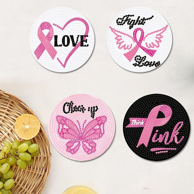 Pink Ribbon Diamond Painting Coasters 9Pcs