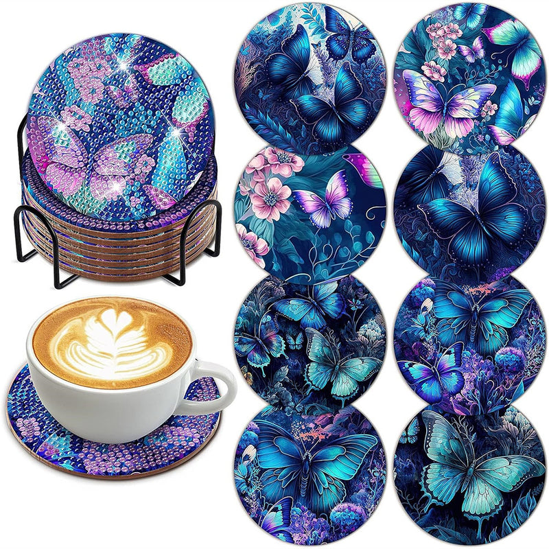 Blue Butterfly Diamond Painting Coasters 8Pcs