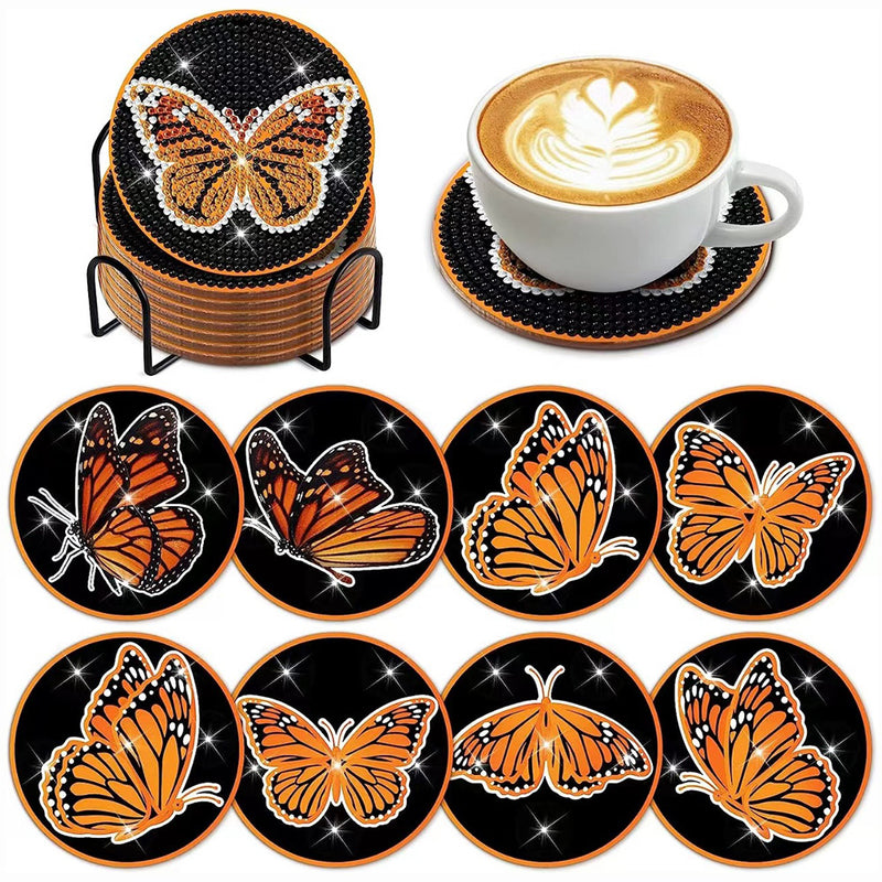 Orange Butterfly Diamond Painting Coasters 8Pcs
