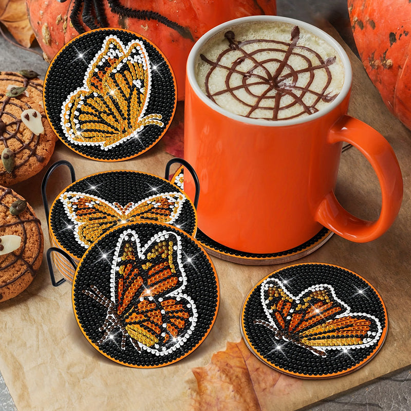 Orange Butterfly Diamond Painting Coasters 8Pcs