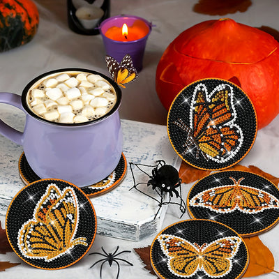 Orange Butterfly Diamond Painting Coasters 8Pcs