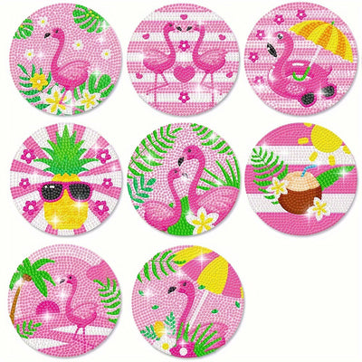 Pink Flamingo Diamond Painting Coasters 8Pcs