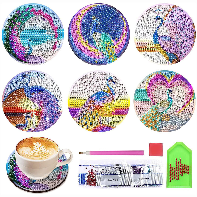 Peacock Diamond Painting Coasters 6Pcs