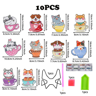 Cute Cup Cat Diamond Painting Coasters 10Pcs