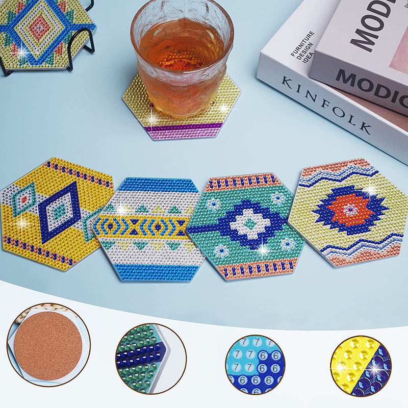 Hexagon Geometric Pattern Diamond Painting Coasters 6Pcs