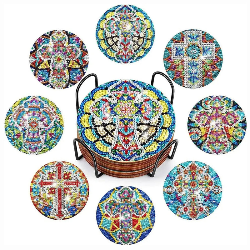 Mandala and Cross Diamond Painting Coasters 8Pcs