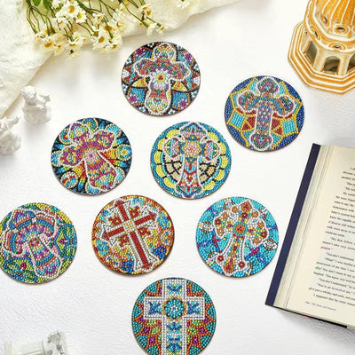 Mandala and Cross Diamond Painting Coasters 8Pcs