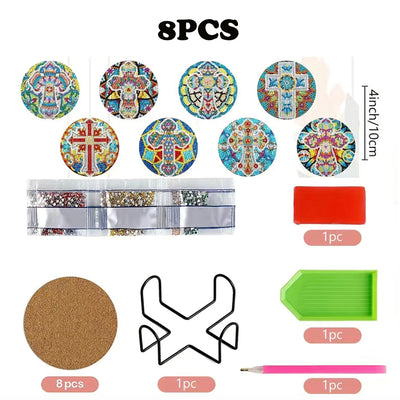 Mandala and Cross Diamond Painting Coasters 8Pcs