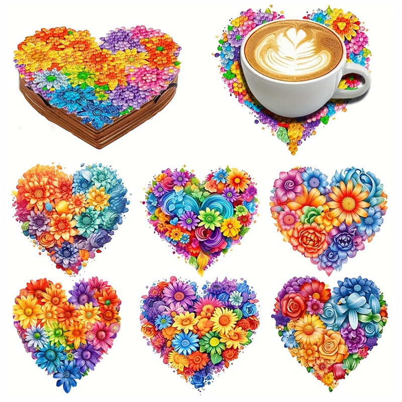 Colorful Heart Shaped Flowers Diamond Painting Coasters 6Pcs