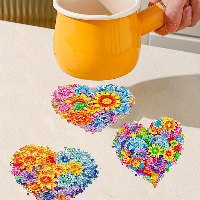 Colorful Heart Shaped Flowers Diamond Painting Coasters 6Pcs