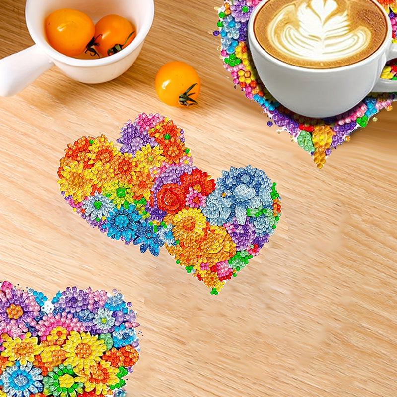 Colorful Heart Shaped Flowers Diamond Painting Coasters 6Pcs