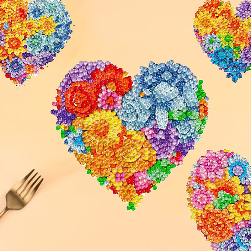 Colorful Heart Shaped Flowers Diamond Painting Coasters 6Pcs